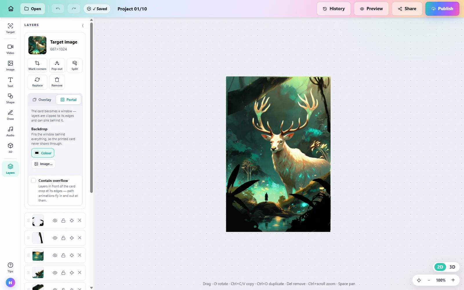 The Interart editor with a painted artwork as the tracked target and layers composed on top of it