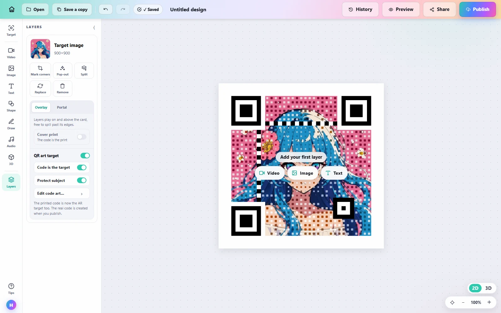 The Interart editor with an illustration rendered as a scannable art code, and the QR art target switches beside it