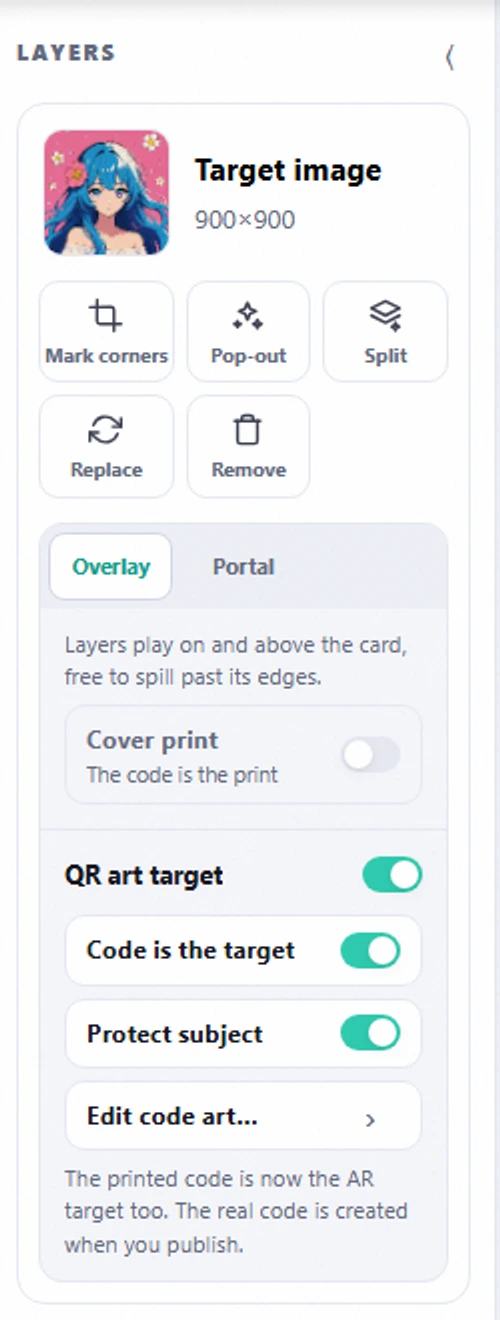 The Interart editor target panel with QR art target switched on and Code is the target enabled