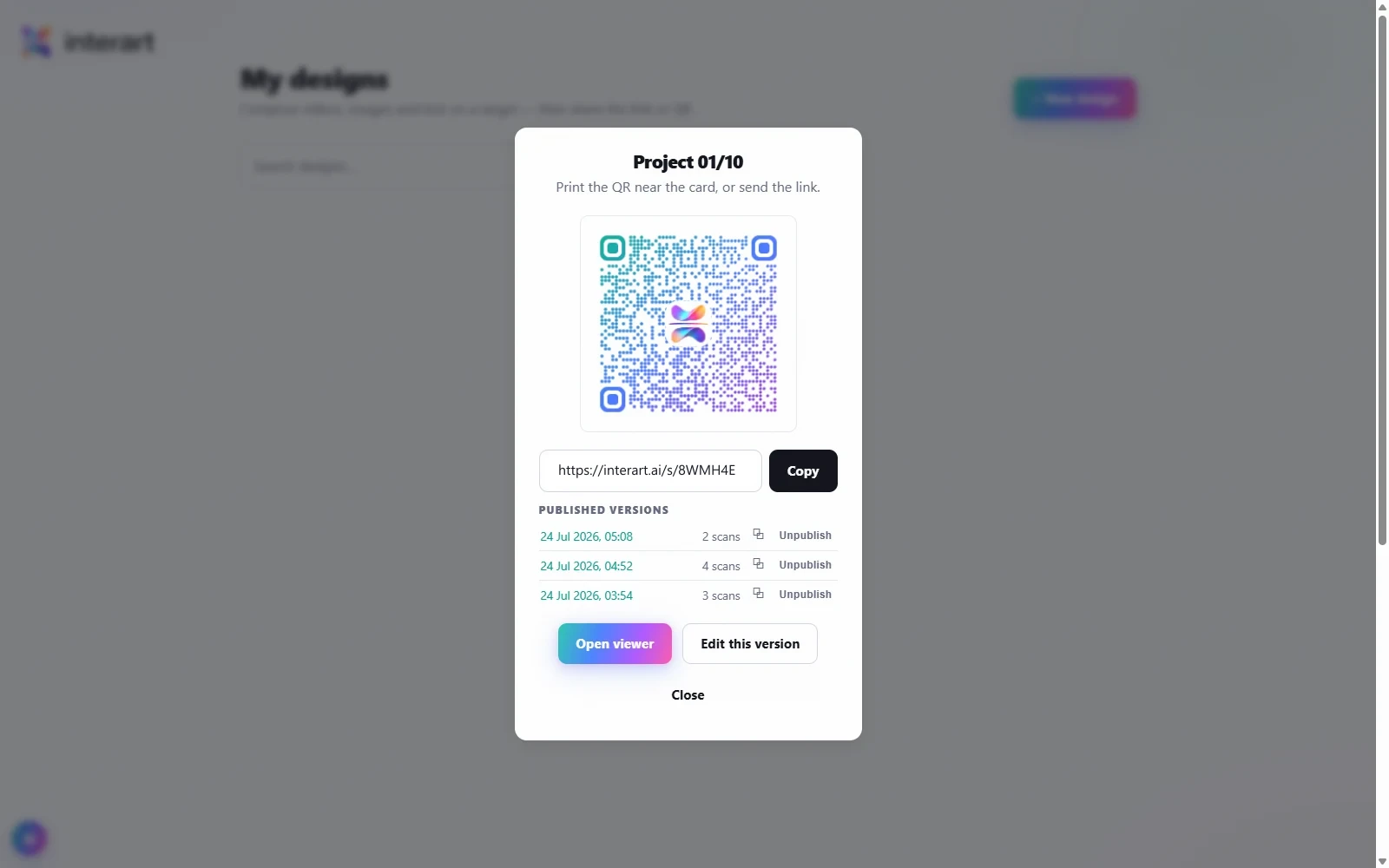 The Interart share dialog listing published versions of a design, each with its own scan count