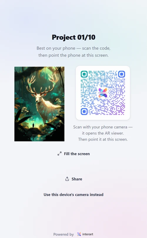 The Interart viewer start screen showing an original painted artwork beside the QR code that opened it