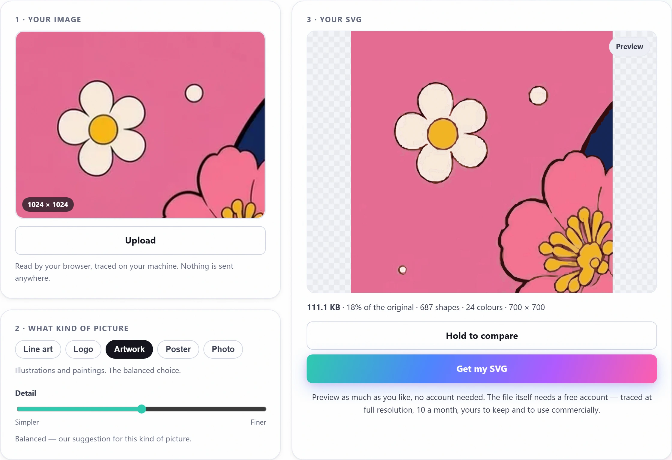 The converter with an illustration loaded: a preset picker reading Line art, Logo, Artwork, Poster and Photo, a detail slider, and the traced result beside it.
